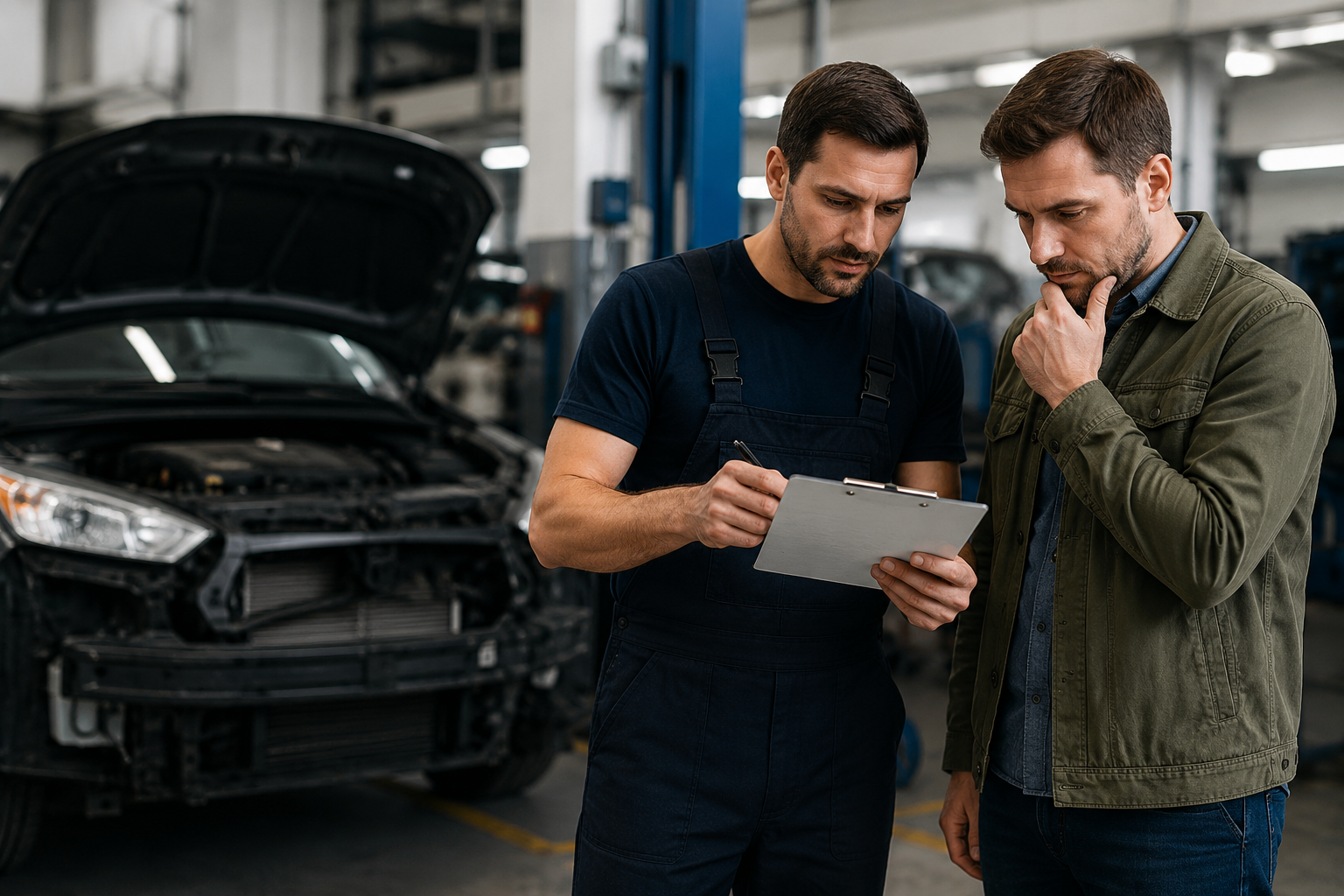 Mechanik omawia koszt naprawy auta z klientem